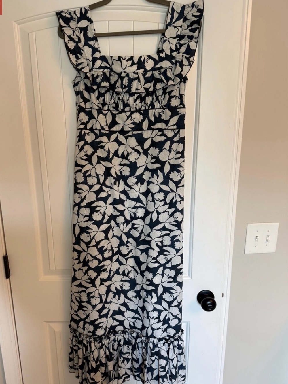 Floral Square-Neck Maxi Dress in Navy and White
